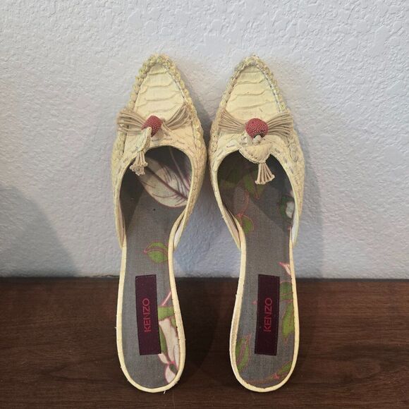Vintage Kenzo Yellow Leather Snake Mule Heels w/ Beaded Tassle Sz 39 (US 8.5) - Picture 1 of 7